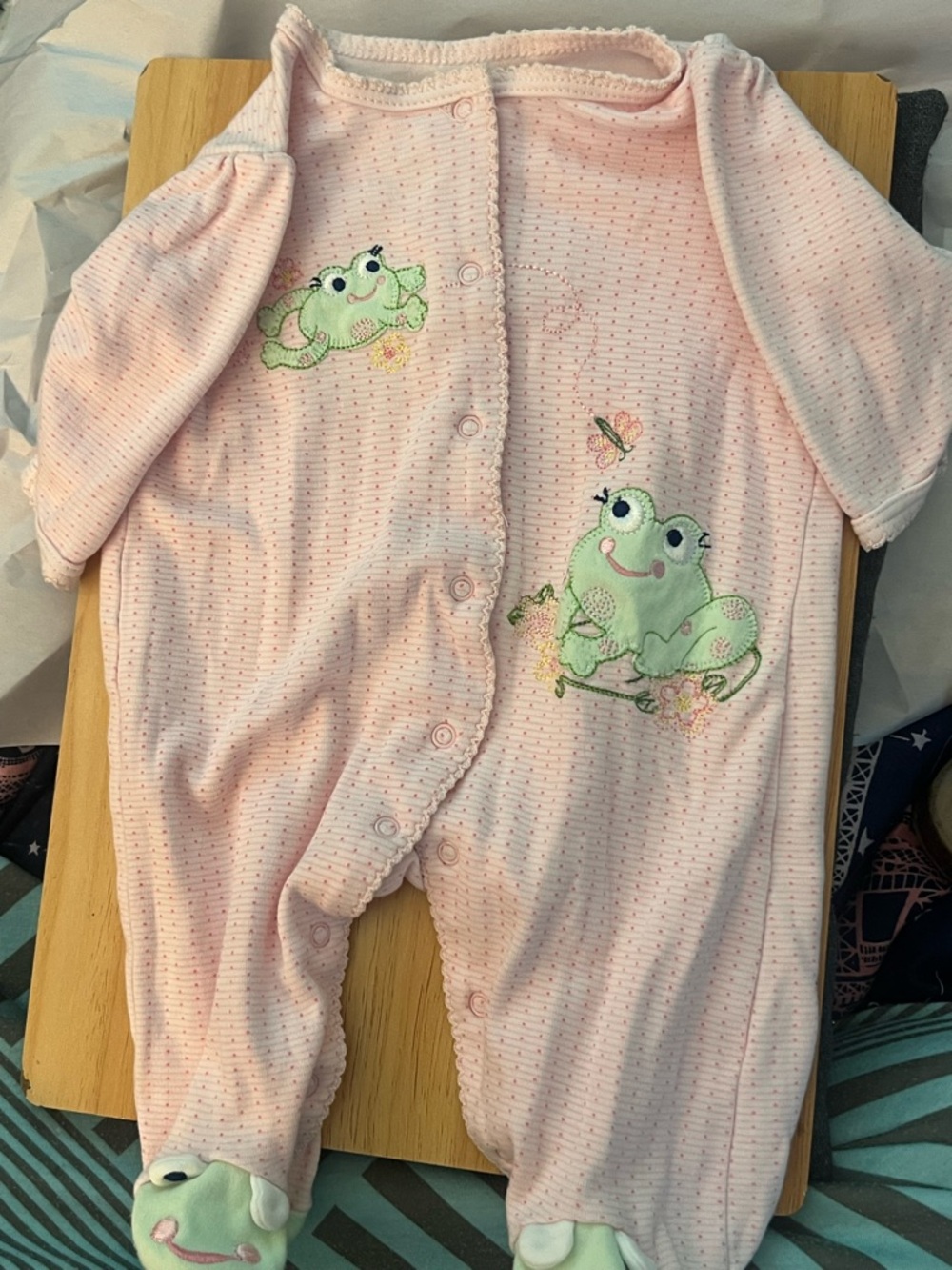 Little Me Pink Footed One-Piece with Green Frog Embroidery